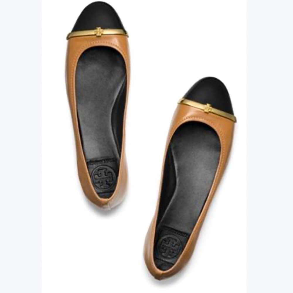 Tory Burch Pacey Driver Ballet Flats 10.5 caramel black patent toe leather